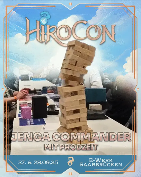Jenga Commander auf der HiroCon mit Prodzeit in der TCG Zone - ein wackelnder Jenga Turm auf einem Tisch