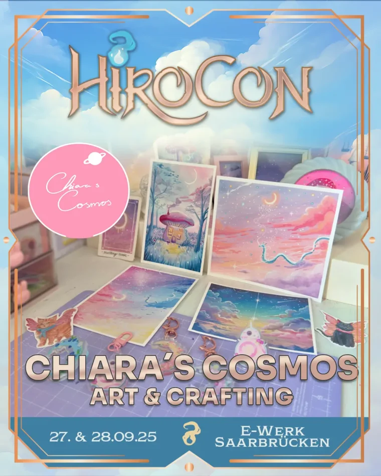 Chiara's Cosmos auf der HiroCon in der Art & Crafting Area - einige Zeichnungen von der Künstlerin und Produkte aufgereiht mit verschiedenen Himmel- und Mondmotiven