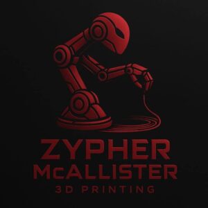 Logo von Zypher McAllister 3D printing: roter Roboterarm mit Filament auf schwarzem Grund