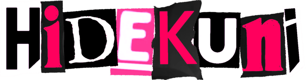 Logo von Hidekuni: Schriftzug aus ausgeschnittenen Buchstaben in Schwarz, Pink und Weiß im Ransom-Note-Stil