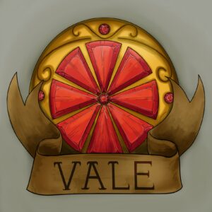 Logo von Vale Crafting: goldenes Rad mit roten Edelsteinen über Banner mit Schriftzug Vale