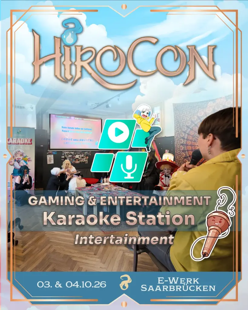 Karaoke Station von Intertainment in der Area Gaming & Entertainment der HiroCon 2026: Besucherin singt mit Mikrofon vor dem Karaoke-Bildschirm, 3. und 4. Oktober 2026 im E-Werk Saarbrücken