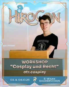 Vortrag „Cosplay und Recht" mit otr.cosplay auf der HiroCon 2026: Oliver Rubert am Rednerpult, 3. und 4. Oktober 2026 im E-Werk Saarbrücken