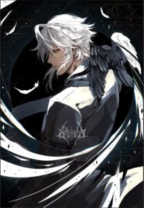 Illustration von Arexiion: weißhaariger Mann mit schwarz-weißen Flügeln vor dunklem Nachthimmel