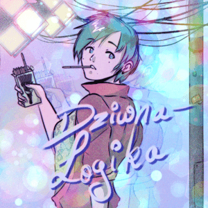 Illustration von Dziwna-Logika: Anime-Figur mit türkisgrünem Haar, Pocky-Sticks und Schriftzug