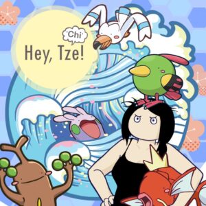 Logo von Hey Tze: Zeichnerin mit Pokémon vor blauer Welle und Schriftzug in gelbem Kreis