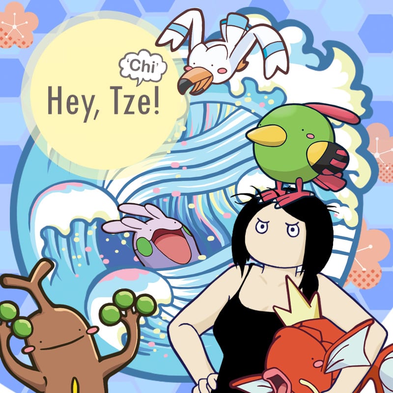 Logo von Hey Tze: Zeichnerin mit Pokémon vor blauer Welle und Schriftzug in gelbem Kreis