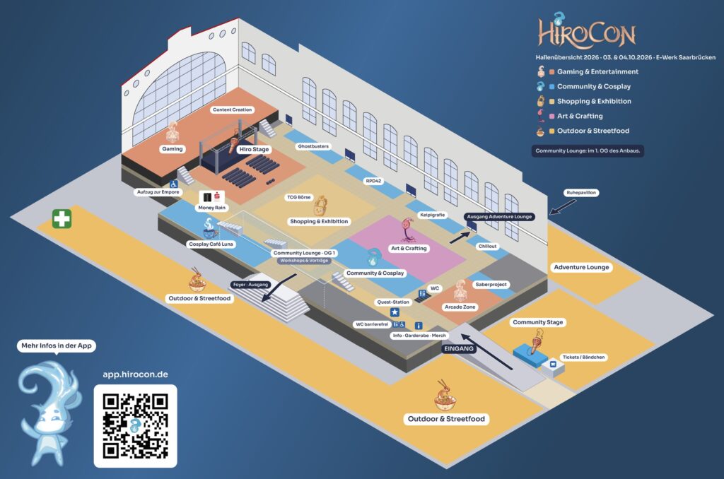 Hallenplan der HiroCon 2026 im E-Werk Saarbrücken: Eingang über die Rampe mit Tickets und Bändchen neben der Community Stage, Ausgang über das Foyer. In der Halle liegen Gaming mit Hiro Stage, Shopping & Exhibition mit TCG Börse, Art & Crafting, Community & Cosplay mit dem Cosplay Café Luna, die Arcade Zone sowie Info, Garderobe, Merch und Quest-Station. Die Community Lounge mit Workshops und Vorträgen ist im 1. OG des Anbaus. Draußen sind Outdoor & Streetfood, die Adventure Lounge, der Ruhepavillon und die Erste Hilfe.