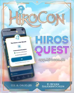 Hiros Quest – Ankündigungsgrafik der HiroCon 2026 mit App-Screenshot