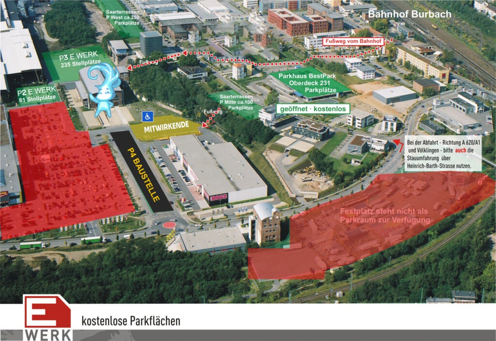 Plan: kostenlose Parkflächen und Anreise zum E-Werk Saarbrücken. Rund um das E-Werk gibt es kostenlose Parkflächen: P2 und P3 am E-Werk, P West und P Mitte an den Saarterrassen und das Parkhaus BestPark (Oberdeck), das geöffnet und kostenlos ist. P4 ist wegen einer Baustelle gesperrt. Vier Behindertenparkplätze liegen nebeneinander an der Fläche für Mitwirkende. Der Festplatz steht nicht als Parkraum zur Verfügung. Die rot gepunkteten Fußwege führen von den Saarterrassen und vom Bahnhof Saarbrücken-Burbach zum E-Werk.