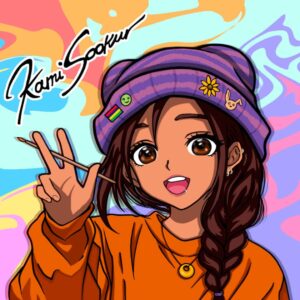 Logo von Kami Sookur: gezeichnete Künstlerin mit lila Mütze, Pinsel und Namensschriftzug