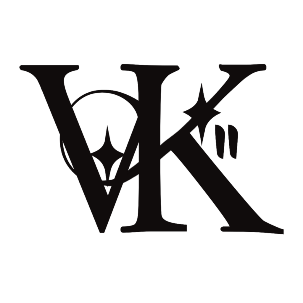 Logo von Victoria Kii: schwarzes VK-Monogramm mit funkelnden Sternen-Akzenten auf weißem Grund