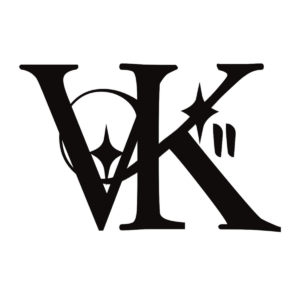 Logo von Victoria Kii: schwarzes VK-Monogramm mit funkelnden Sternen-Akzenten auf weißem Grund